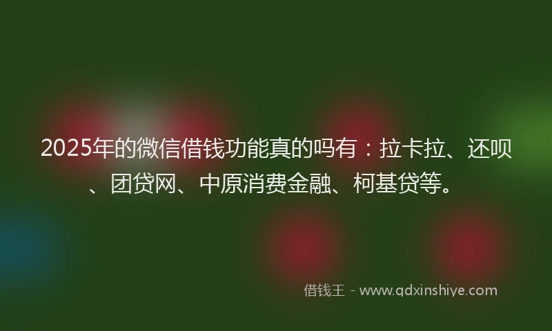 2025年的微信借钱功能真的吗有：拉卡拉、还呗、团贷网、中原消费金融、柯基贷等。