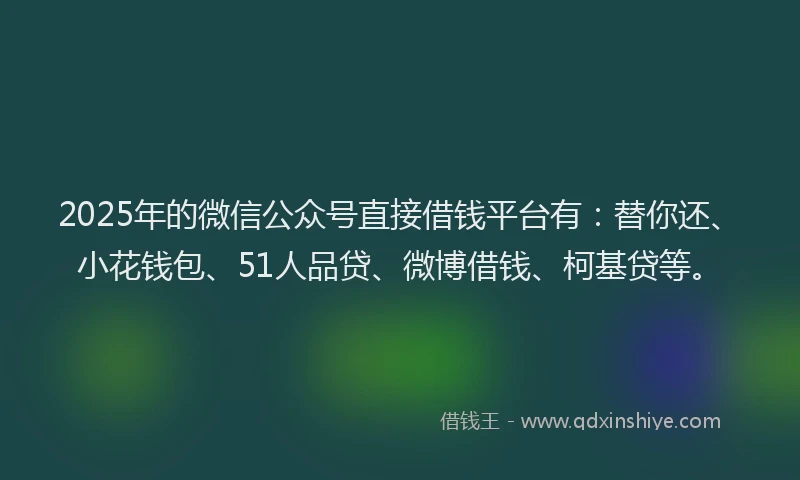2025年的微信公众号直接借钱平台有：替你还、小花钱包、51人品贷、微博借钱、柯基贷等。