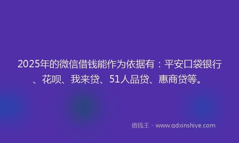 2025年的微信借钱能作为依据有：平安口袋银行、花呗、我来贷、51人品贷、惠商贷等。