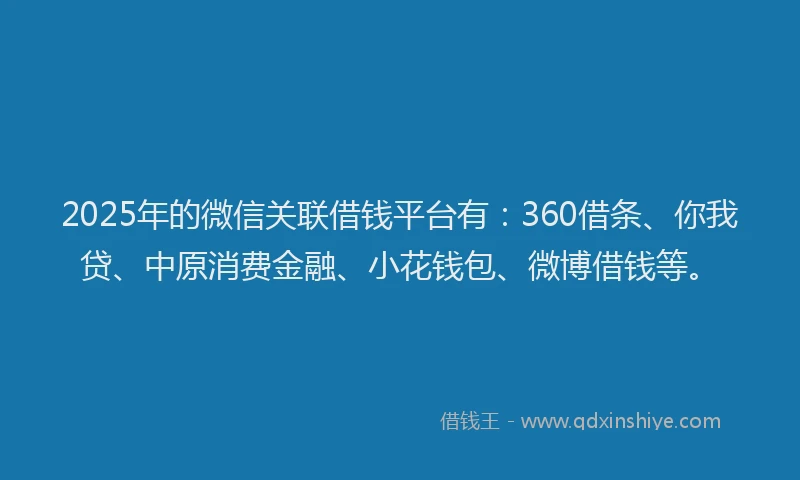 2025年的微信关联借钱平台有：360借条、你我贷、中原消费金融、小花钱包、微博借钱等。