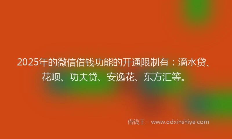 2025年的微信借钱功能的开通限制有：滴水贷、花呗、功夫贷、安逸花、东方汇等。