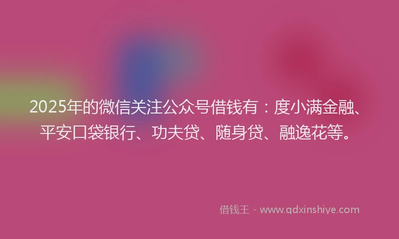 2025年的微信关注公众号借钱有：度小满金融、平安口袋银行、功夫贷、随身贷、融逸花等。