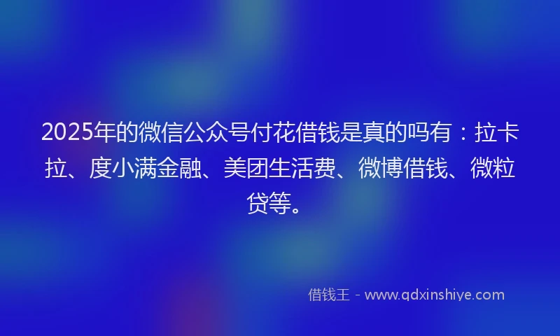 2025年的微信公众号付花借钱是真的吗有：拉卡拉、度小满金融、美团生活费、微博借钱、微粒贷等。