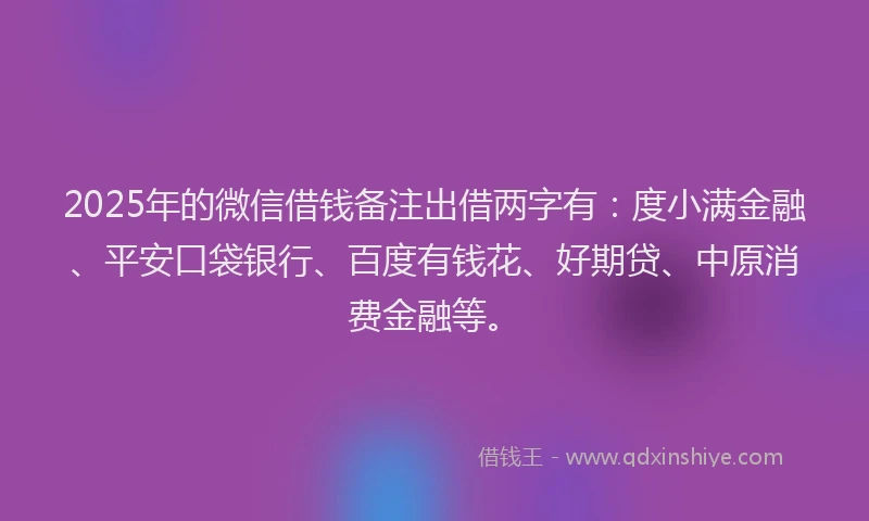 2025年的微信借钱备注出借两字有：度小满金融、平安口袋银行、百度有钱花、好期贷、中原消费金融等。