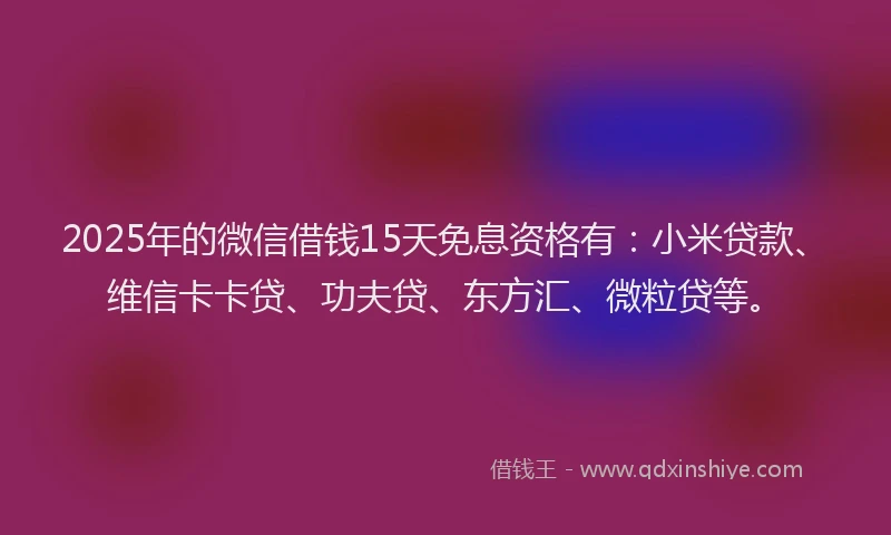 2025年的微信借钱15天免息资格有：小米贷款、维信卡卡贷、功夫贷、东方汇、微粒贷等。
