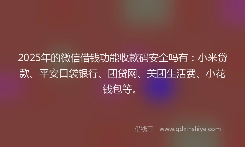 2025年的微信借钱功能收款码安全吗有：小米贷款、平安口袋银行、团贷网、美团生活费、小花钱包等。