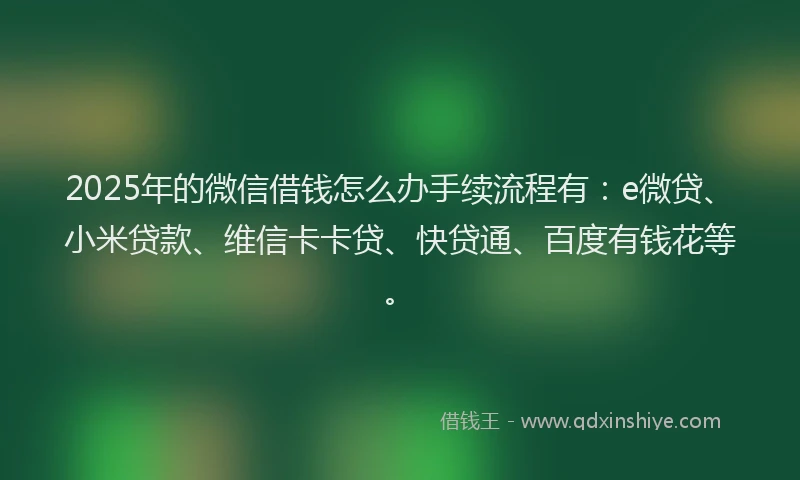 2025年的微信借钱怎么办手续流程有：e微贷、小米贷款、维信卡卡贷、快贷通、百度有钱花等。