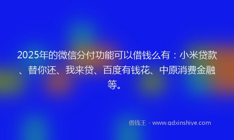 2025年的微信分付功能可以借钱么有：小米贷款、替你还、我来贷、百度有钱花、中原消费金融等。