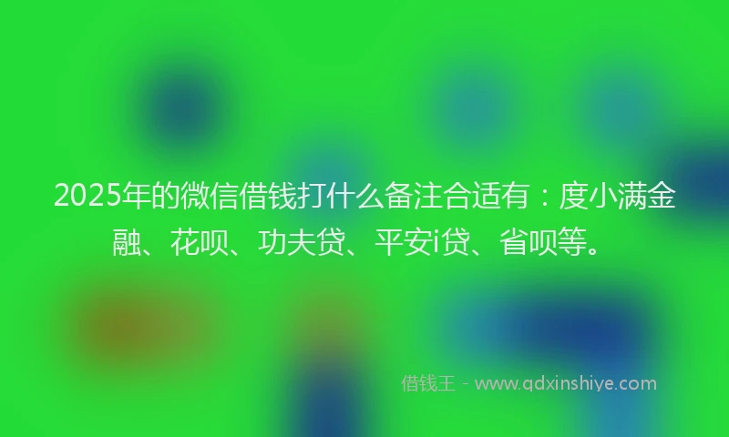 2025年的微信借钱打什么备注合适有：度小满金融、花呗、功夫贷、平安i贷、省呗等。