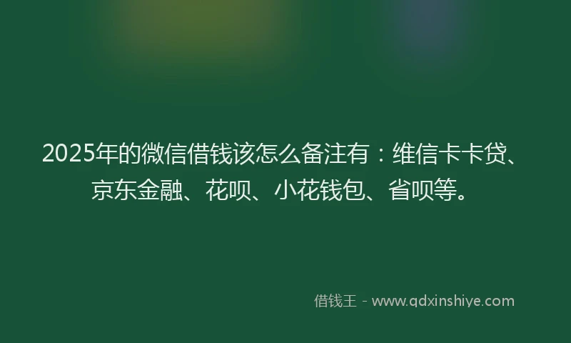 2025年的微信借钱该怎么备注有：维信卡卡贷、京东金融、花呗、小花钱包、省呗等。