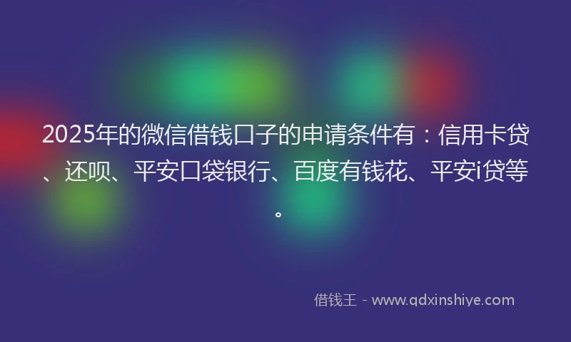 2025年的微信借钱口子的申请条件有：信用卡贷、还呗、平安口袋银行、百度有钱花、平安i贷等。