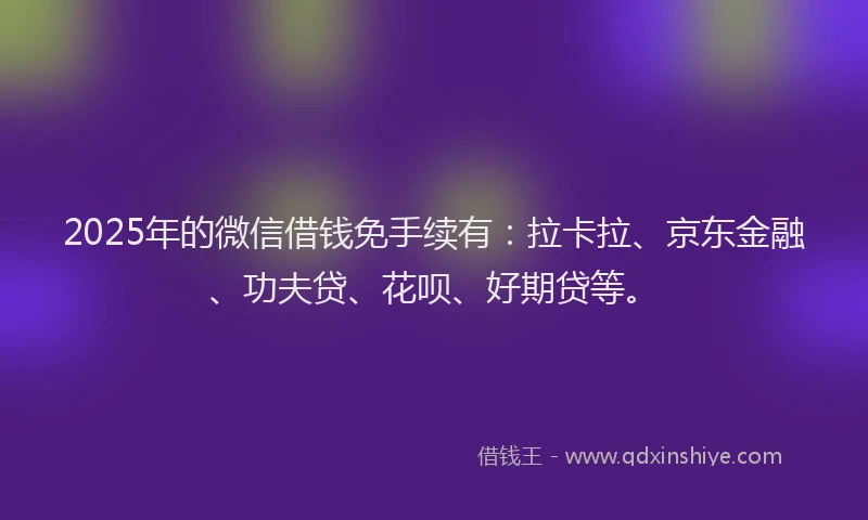 2025年的微信借钱免手续有：拉卡拉、京东金融、功夫贷、花呗、好期贷等。