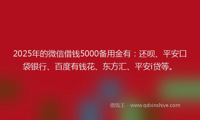 2025年的微信借钱5000备用金有：还呗、平安口袋银行、百度有钱花、东方汇、平安i贷等。