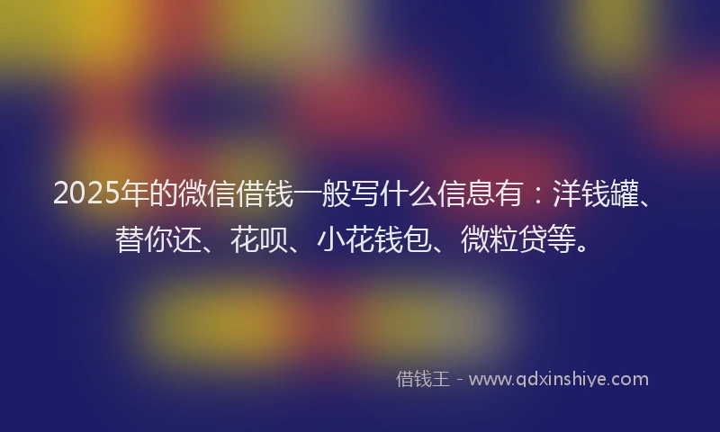 2025年的微信借钱一般写什么信息有：洋钱罐、替你还、花呗、小花钱包、微粒贷等。