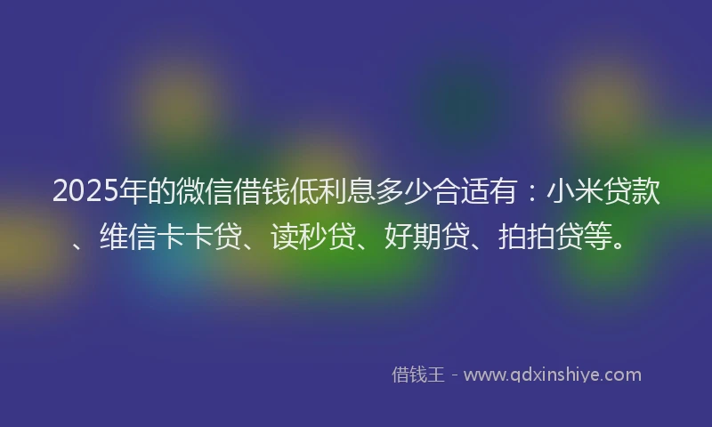 2025年的微信借钱低利息多少合适有：小米贷款、维信卡卡贷、读秒贷、好期贷、拍拍贷等。