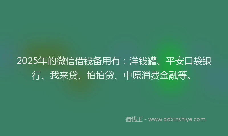 2025年的微信借钱备用有：洋钱罐、平安口袋银行、我来贷、拍拍贷、中原消费金融等。