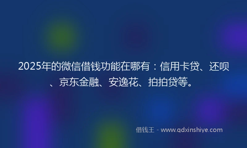 2025年的微信借钱功能在哪有：信用卡贷、还呗、京东金融、安逸花、拍拍贷等。