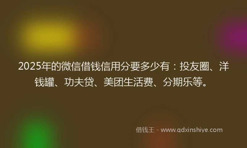 2025年的微信借钱信用分要多少有：投友圈、洋钱罐、功夫贷、美团生活费、分期乐等。