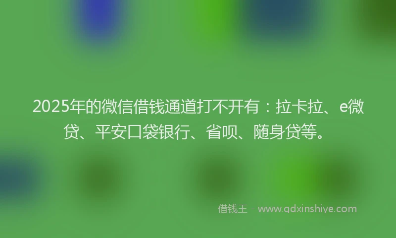 2025年的微信借钱通道打不开有：拉卡拉、e微贷、平安口袋银行、省呗、随身贷等。