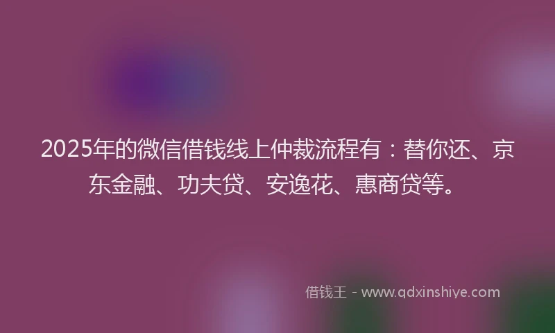 2025年的微信借钱线上仲裁流程有：替你还、京东金融、功夫贷、安逸花、惠商贷等。