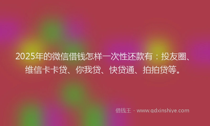 2025年的微信借钱怎样一次性还款有：投友圈、维信卡卡贷、你我贷、快贷通、拍拍贷等。