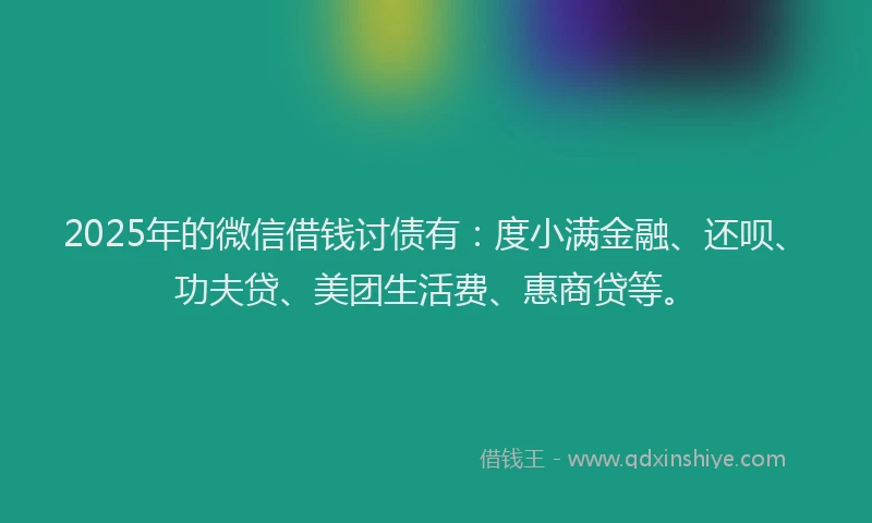 2025年的微信借钱讨债有：度小满金融、还呗、功夫贷、美团生活费、惠商贷等。