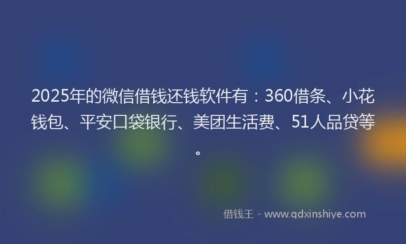 2025年的微信借钱还钱软件有：360借条、小花钱包、平安口袋银行、美团生活费、51人品贷等。