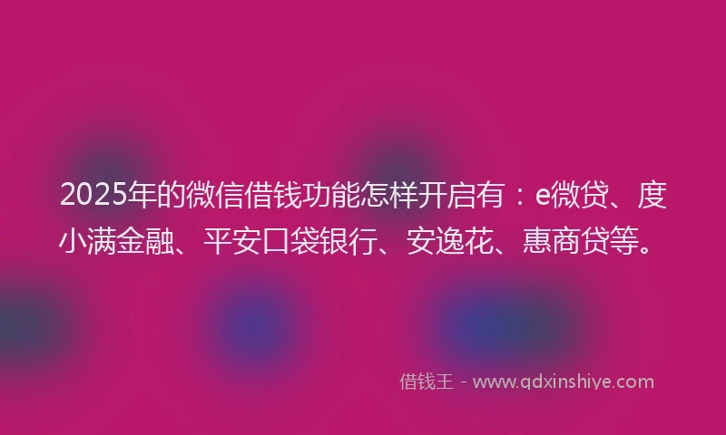 2025年的微信借钱功能怎样开启有：e微贷、度小满金融、平安口袋银行、安逸花、惠商贷等。