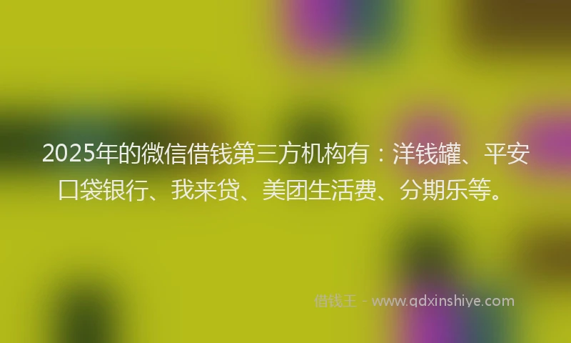 2025年的微信借钱第三方机构有：洋钱罐、平安口袋银行、我来贷、美团生活费、分期乐等。