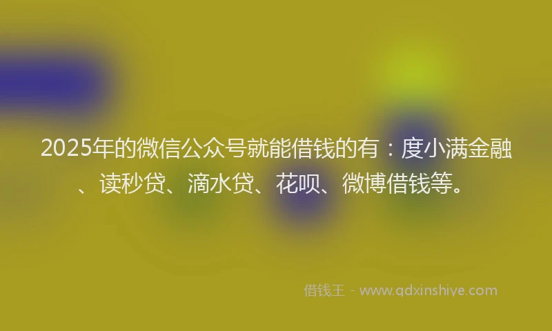 2025年的微信公众号就能借钱的有：度小满金融、读秒贷、滴水贷、花呗、微博借钱等。