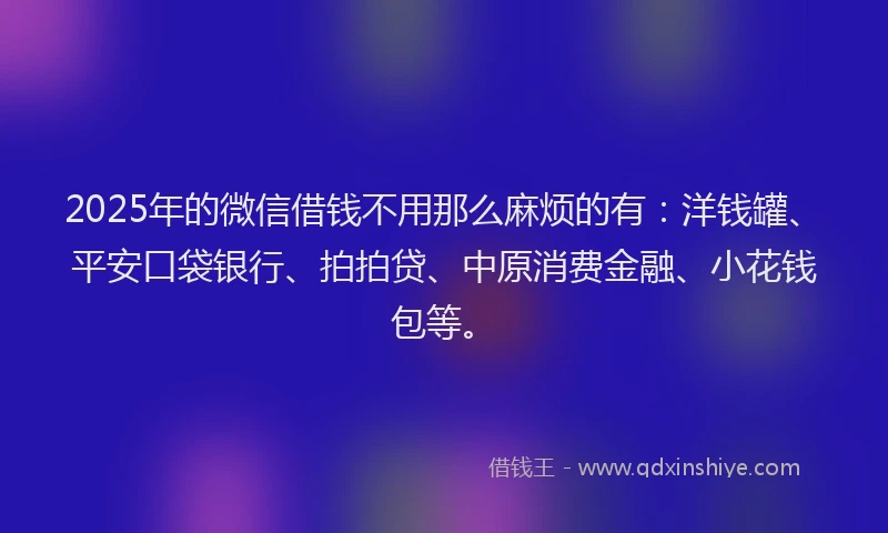 2025年的微信借钱不用那么麻烦的有：洋钱罐、平安口袋银行、拍拍贷、中原消费金融、小花钱包等。