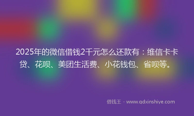 2025年的微信借钱2千元怎么还款有：维信卡卡贷、花呗、美团生活费、小花钱包、省呗等。