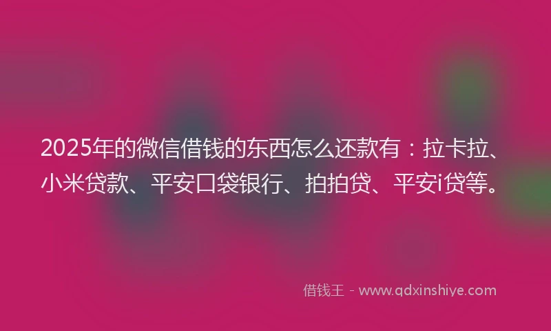 2025年的微信借钱的东西怎么还款有：拉卡拉、小米贷款、平安口袋银行、拍拍贷、平安i贷等。