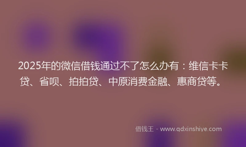 2025年的微信借钱通过不了怎么办有：维信卡卡贷、省呗、拍拍贷、中原消费金融、惠商贷等。