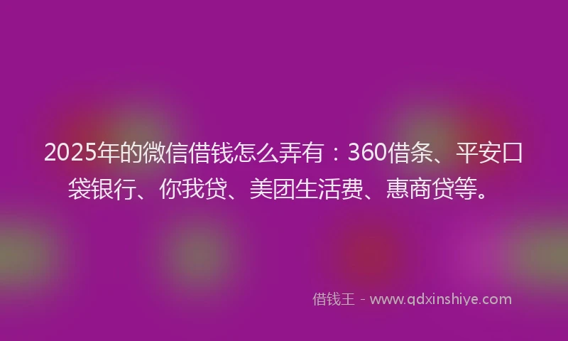 2025年的微信借钱怎么弄有：360借条、平安口袋银行、你我贷、美团生活费、惠商贷等。