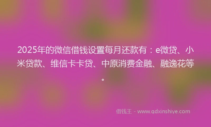2025年的微信借钱设置每月还款有：e微贷、小米贷款、维信卡卡贷、中原消费金融、融逸花等。