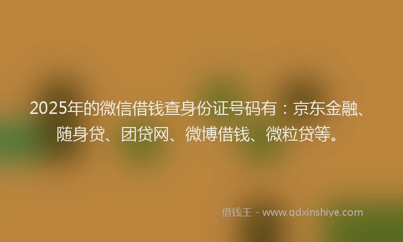 2025年的微信借钱查身份证号码有：京东金融、随身贷、团贷网、微博借钱、微粒贷等。