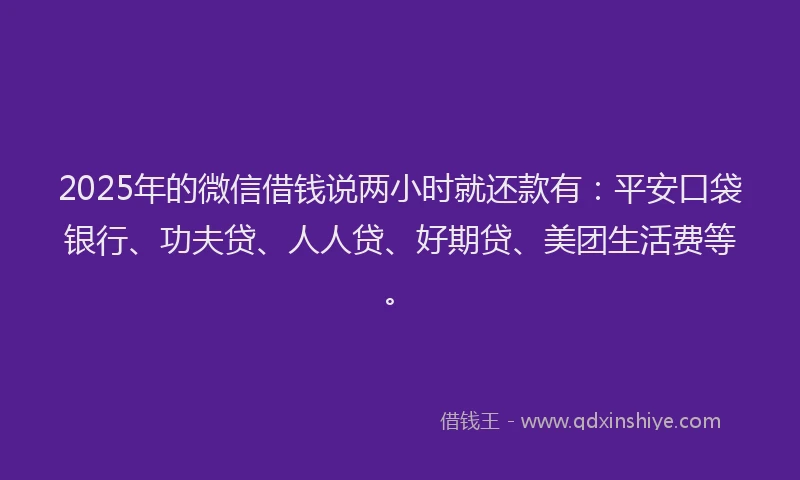 2025年的微信借钱说两小时就还款有：平安口袋银行、功夫贷、人人贷、好期贷、美团生活费等。