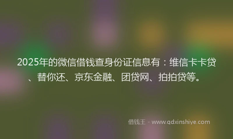 2025年的微信借钱查身份证信息有：维信卡卡贷、替你还、京东金融、团贷网、拍拍贷等。
