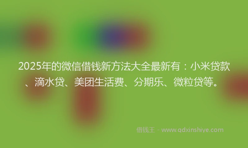 2025年的微信借钱新方法大全最新有：小米贷款、滴水贷、美团生活费、分期乐、微粒贷等。