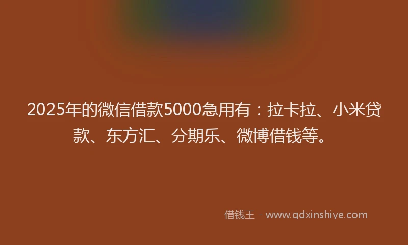 2025年的微信借款5000急用有：拉卡拉、小米贷款、东方汇、分期乐、微博借钱等。