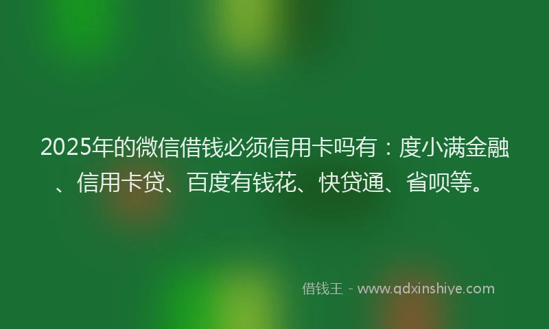 2025年的微信借钱必须信用卡吗有：度小满金融、信用卡贷、百度有钱花、快贷通、省呗等。