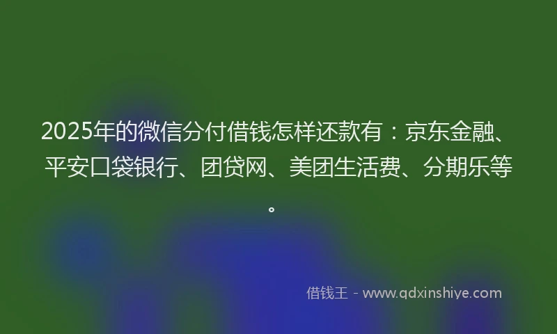 2025年的微信分付借钱怎样还款有：京东金融、平安口袋银行、团贷网、美团生活费、分期乐等。