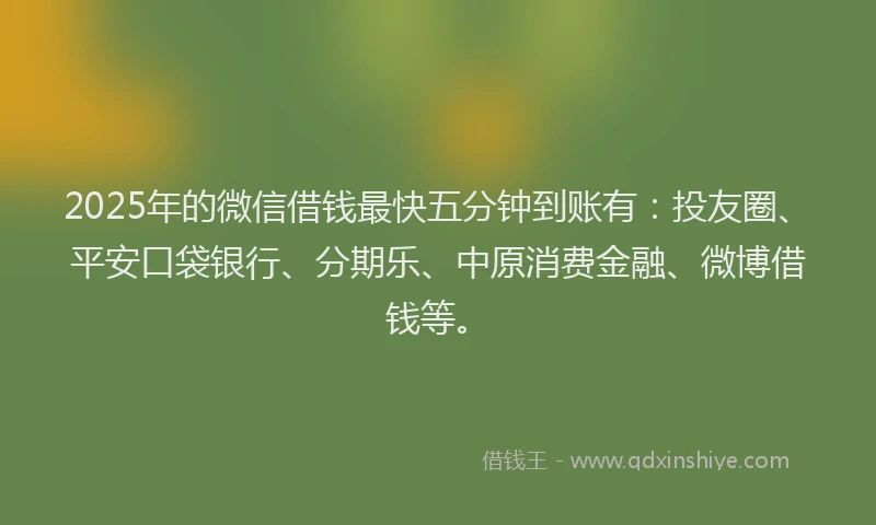 2025年的微信借钱最快五分钟到账有：投友圈、平安口袋银行、分期乐、中原消费金融、微博借钱等。