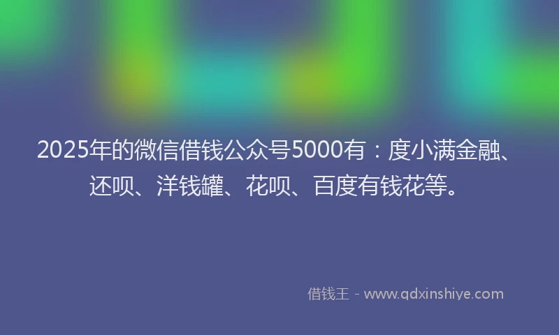 2025年的微信借钱公众号5000有：度小满金融、还呗、洋钱罐、花呗、百度有钱花等。