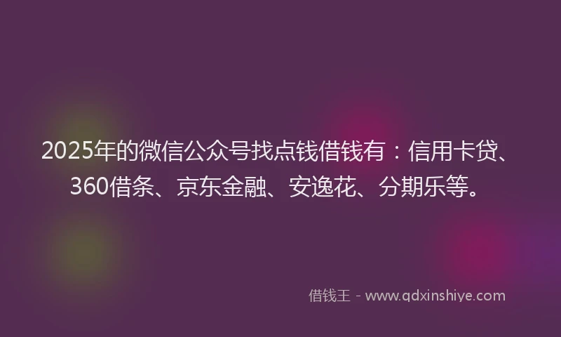 2025年的微信公众号找点钱借钱有：信用卡贷、360借条、京东金融、安逸花、分期乐等。