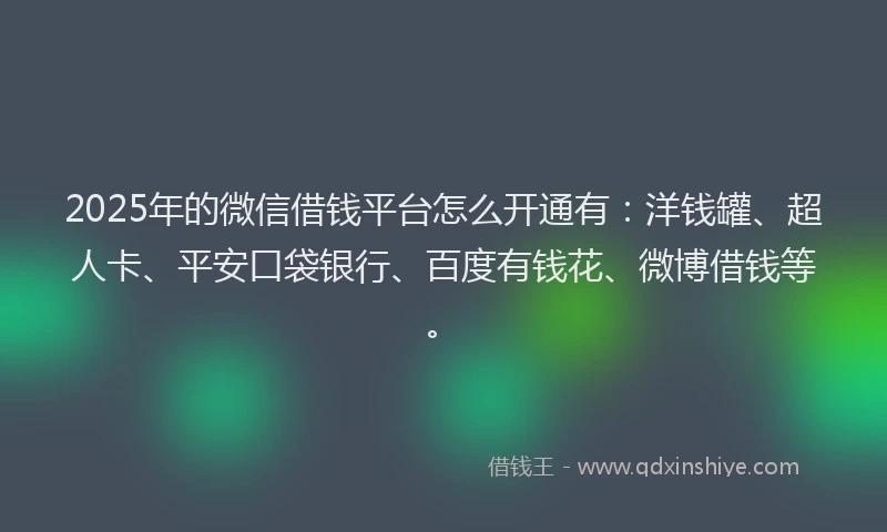 2025年的微信借钱平台怎么开通有：洋钱罐、超人卡、平安口袋银行、百度有钱花、微博借钱等。