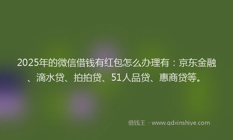 2025年的微信借钱有红包怎么办理有：京东金融、滴水贷、拍拍贷、51人品贷、惠商贷等。