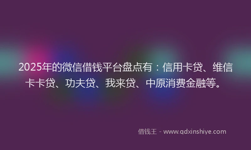 2025年的微信借钱平台盘点有：信用卡贷、维信卡卡贷、功夫贷、我来贷、中原消费金融等。