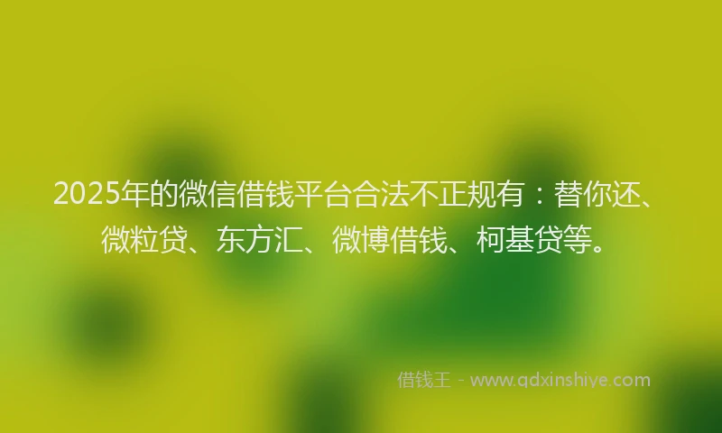 2025年的微信借钱平台合法不正规有：替你还、微粒贷、东方汇、微博借钱、柯基贷等。